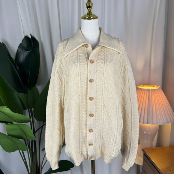 Vintage 70s Jantzen Cream Wool Knit Button-Up Cardigan Sweater Size Large - Picture 1 of 6